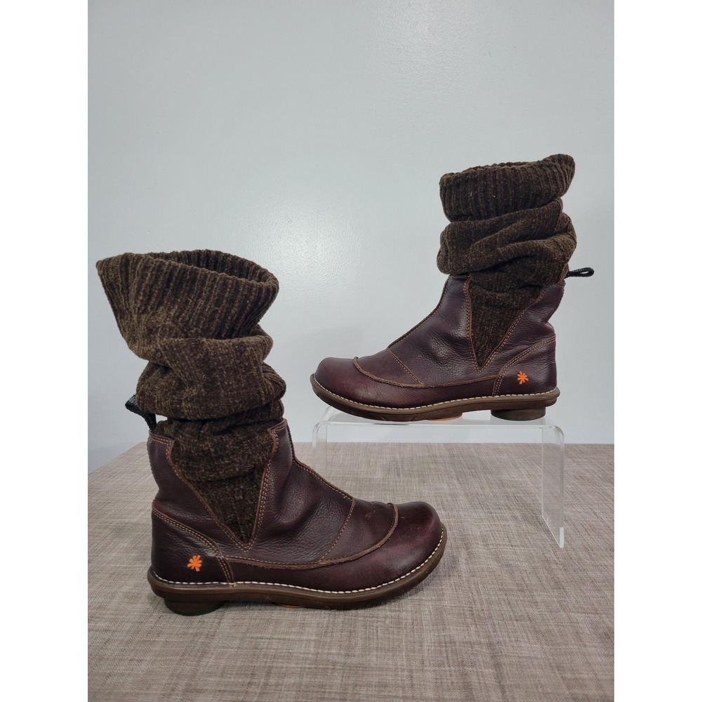 Art Company Brown Leather Slouchy Knit Shaft Boots Womens 8 EU 39 Star Logo
